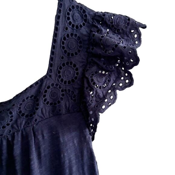 Talbots Women's L Navy Dress Eyelet Flutter Sleeve Square Neck Textured Fabric - Picture 4 of 13